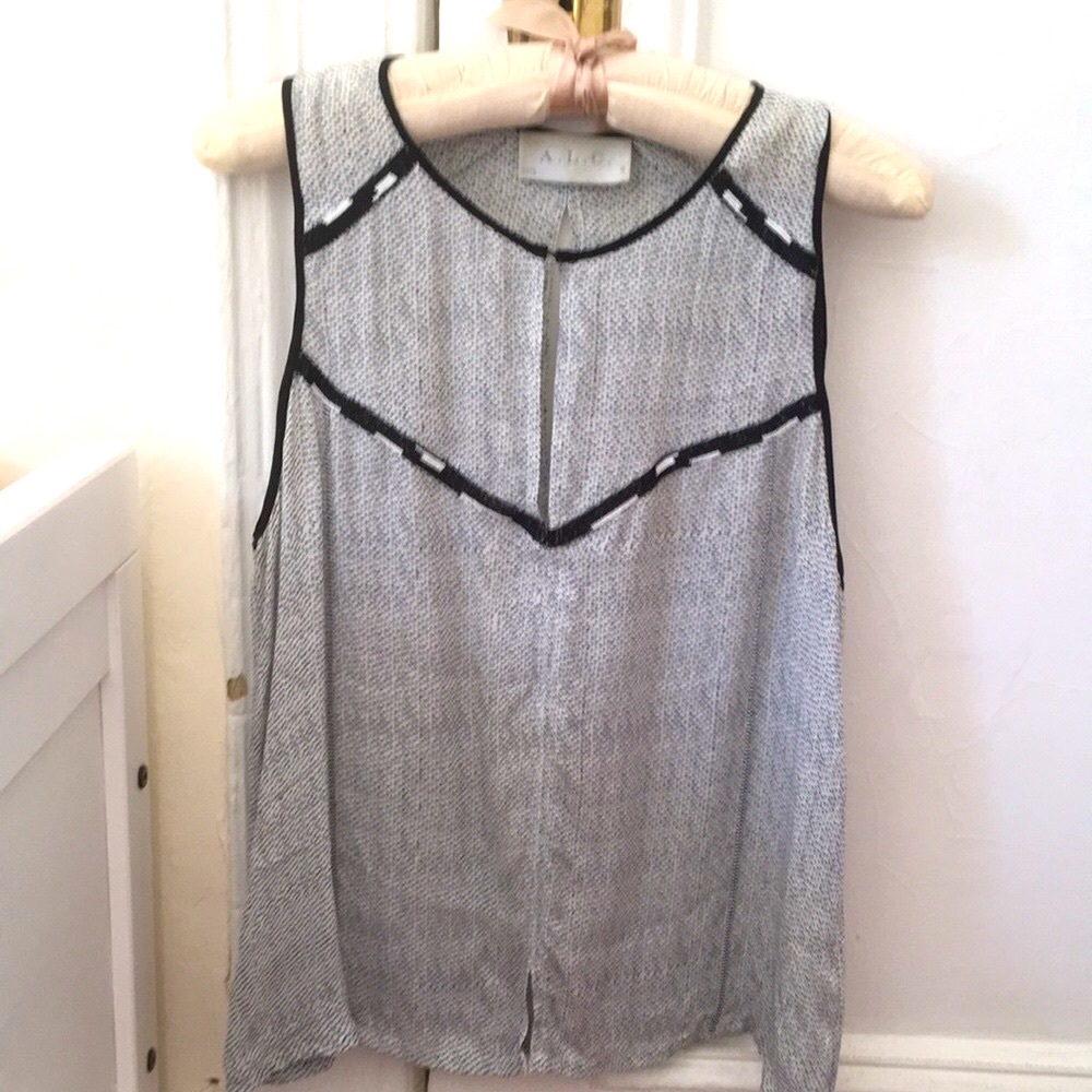 A.L.C. Sleeveless top. Light silk, black bead detail and delicate navy pattern.